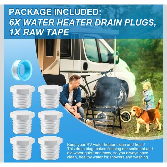 RV Water Heater Drain Plug 1/2" NPT 6-Pack + Teflon Tape | Camper Replacement - Picture 5 of 5